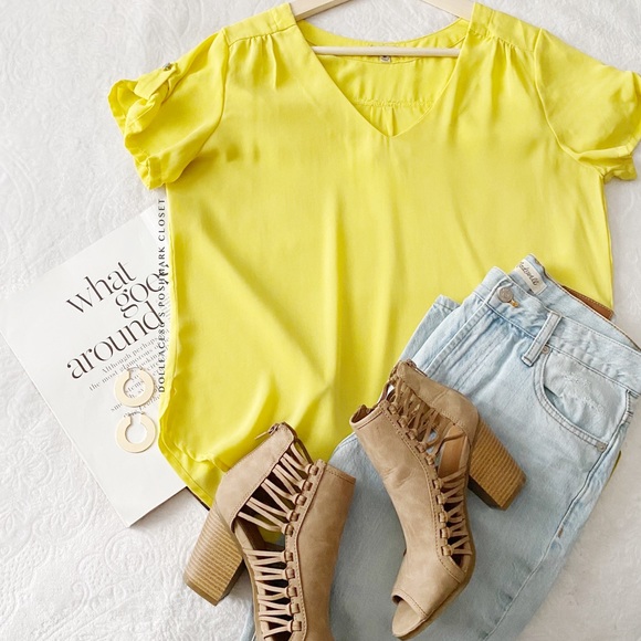 Lightweight Bright Yellow V Neck Blouse - Picture 2 of 12